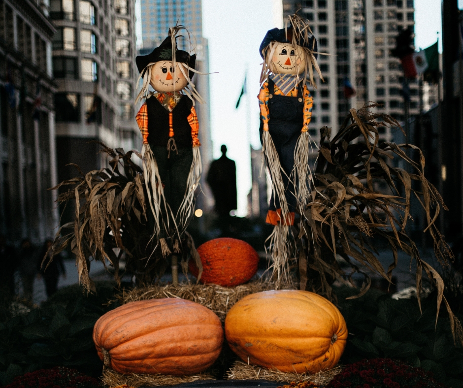 Pumpkins & Scarecrows On City Street